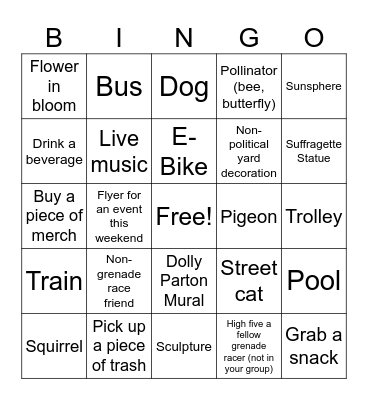 Grenade Race Bingo Card