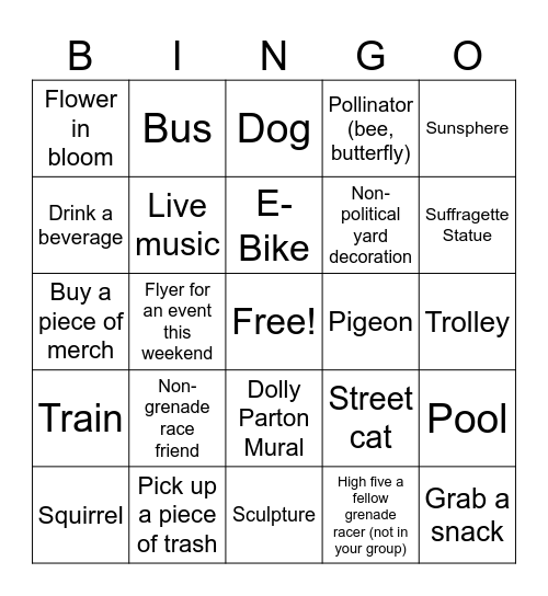 Grenade Race Bingo Card