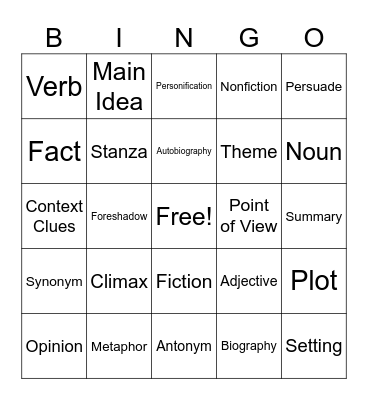 ELA Vocabulary Bingo Card