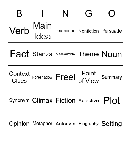 ELA Vocabulary Bingo Card