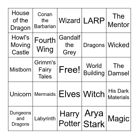 Fantasy Bingo Card