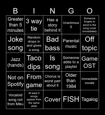 Song Night Bingo Card