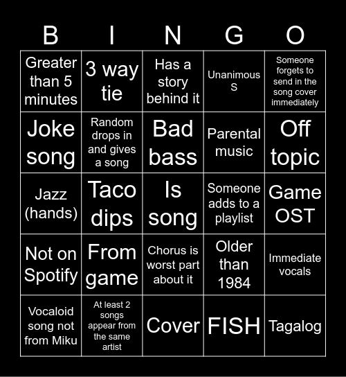 Song Night Bingo Card