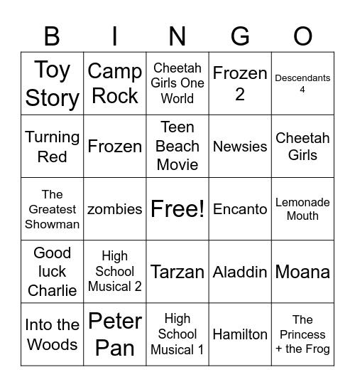 Disney Music Bingo Card