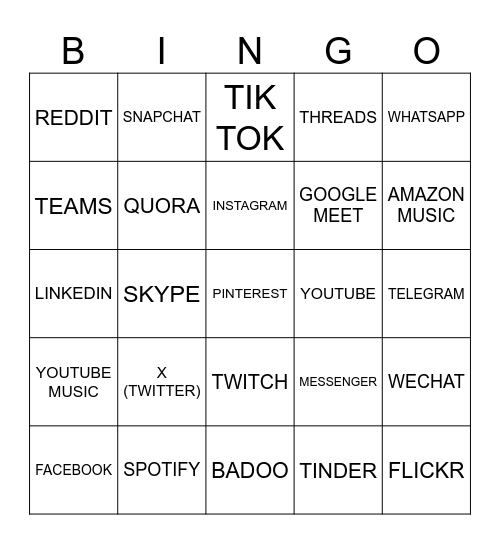 Social Media Bingo Card