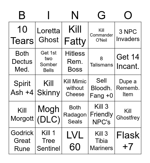 Elden Ring Medium Difficulty Bingo Card