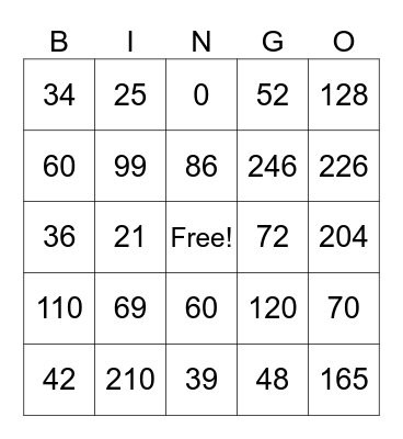 Multiplication Bingo Card