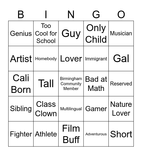 Identity Bingo Card