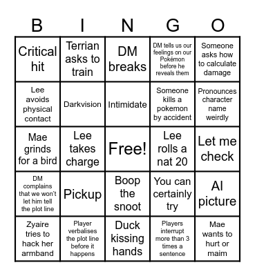PTU Bingo Card