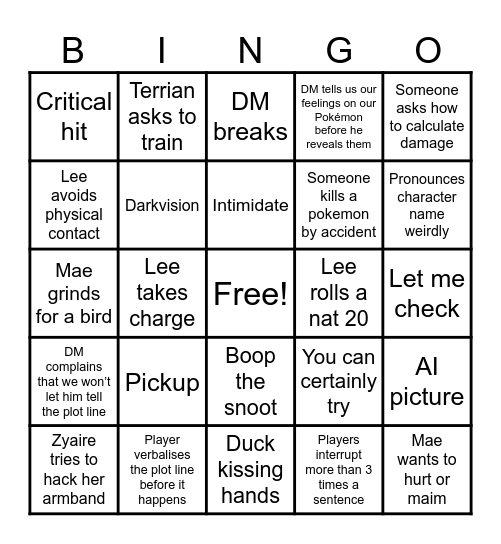 PTU Bingo Card