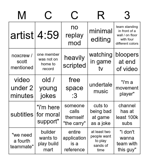 MCCR BINGO Card