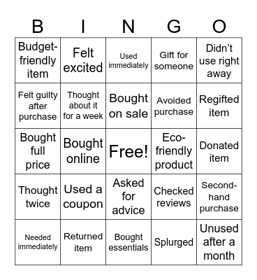 Shopping Reflection Bingo Card