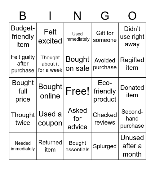 Shopping Reflection Bingo Card