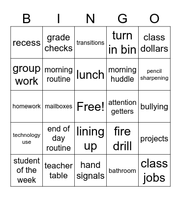 Classroom Proceedures Bingo Card