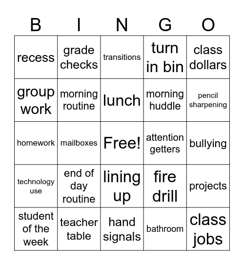 Classroom Proceedures Bingo Card