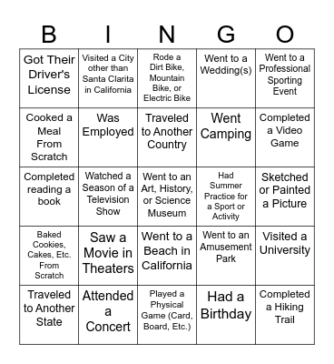 Summer Break Bingo Card
