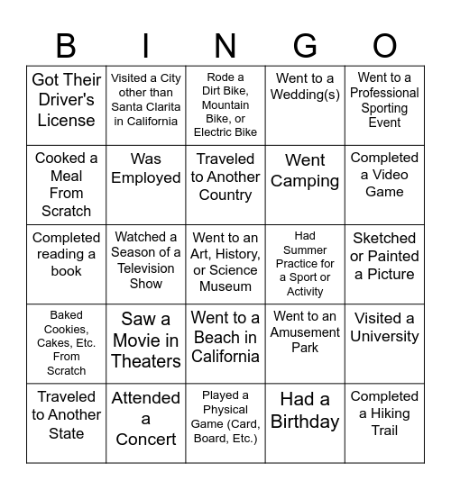 Summer Break Bingo Card