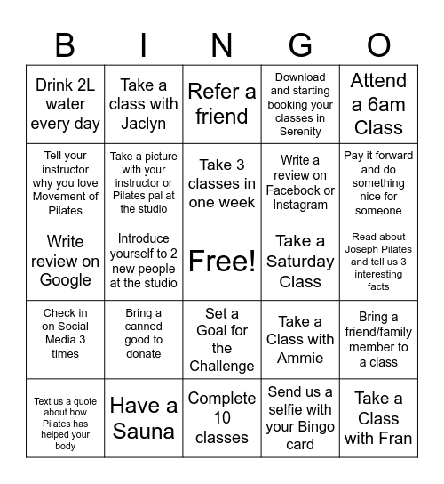 PILATES CHALLENGE Bingo Card