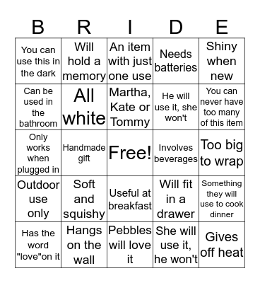 Ashley's Bridal Shower Bingo Card