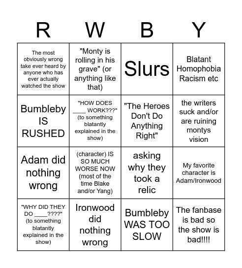 RWBY hate video bingo Card