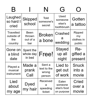 NEVER HAVE I EVER Bingo Card
