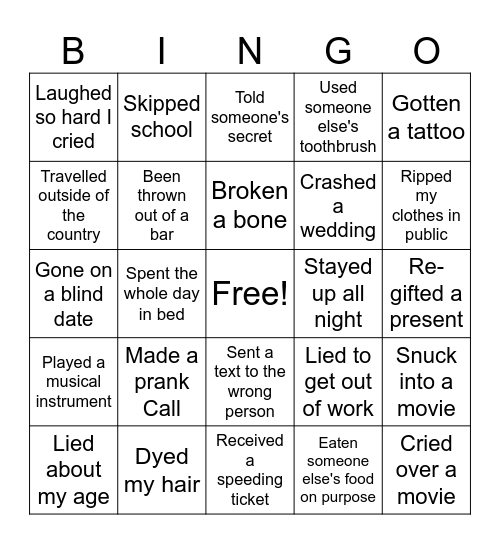 NEVER HAVE I EVER Bingo Card