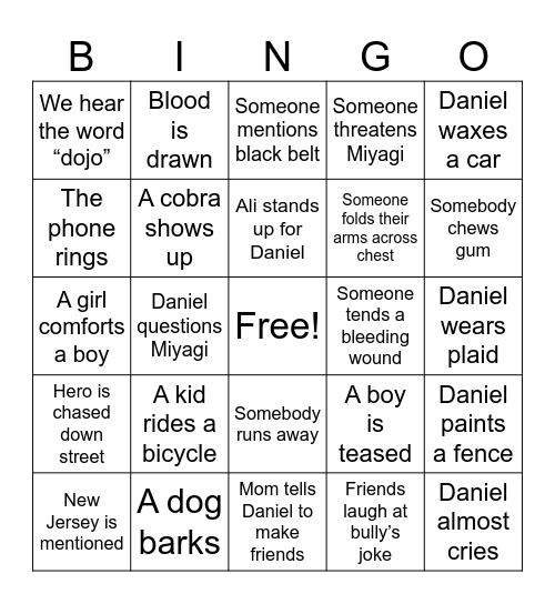 Karate Kid Movie Bingo Card