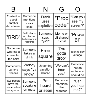 MARS Team Call Bingo Card