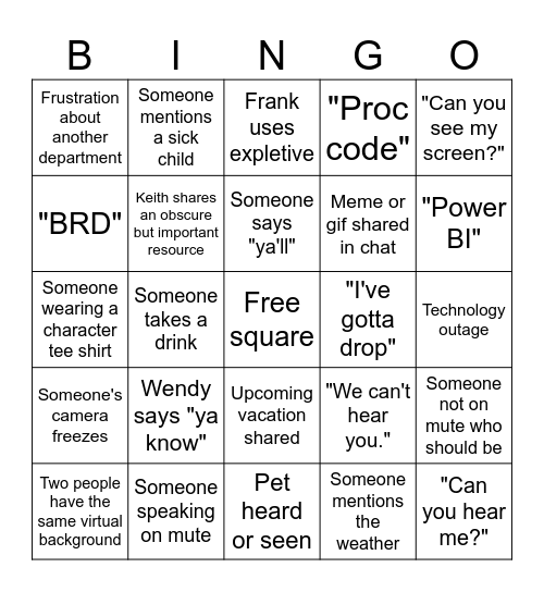 MARS Team Call Bingo Card