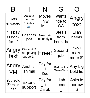 No More Child Support Bingo Card
