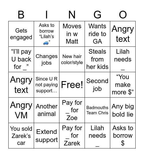 No More Child Support Bingo Card