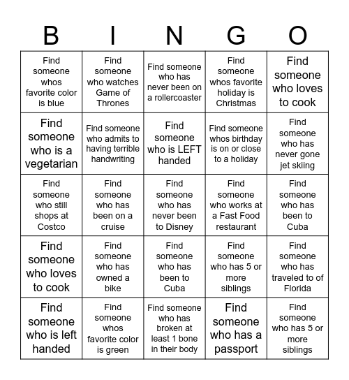 GET TO KNOW YOU Bingo Card