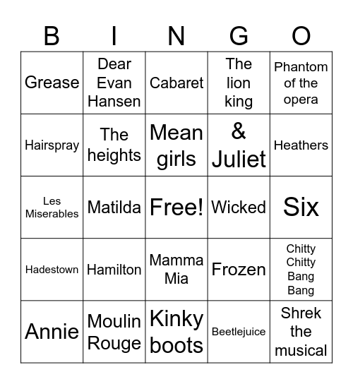 Musicals Bingo Card