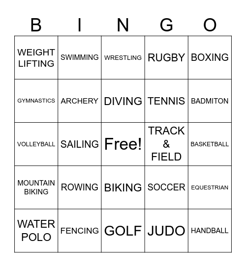 Olympics Bingo Card