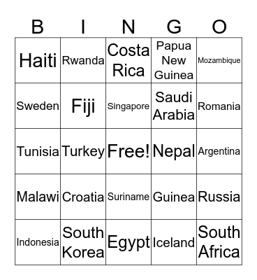 World Countries Bingo Card