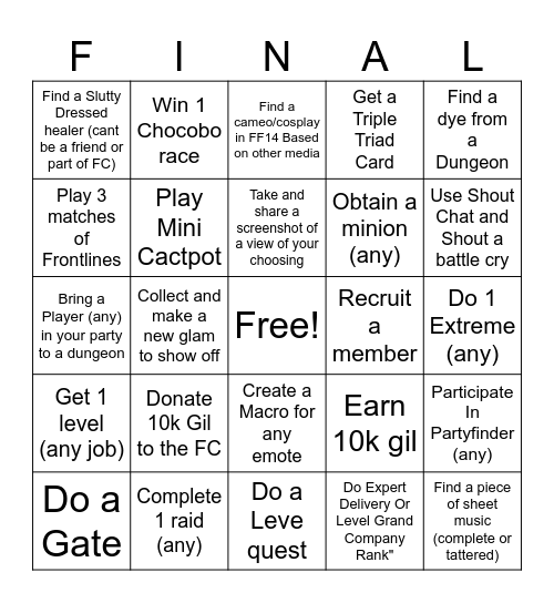 Final Fantasy 14 Bingo for Delta Bingo Card