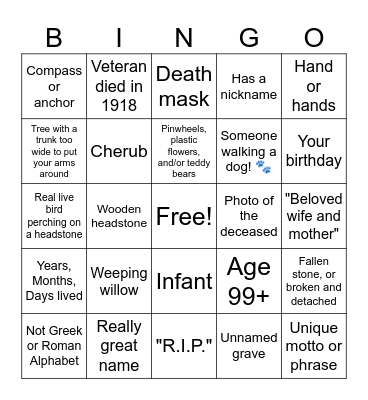 Cemetery / Graveyard / Memorial Park Bingo Card