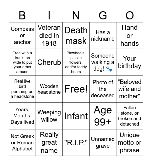 Cemetery / Graveyard / Memorial Park Bingo Card