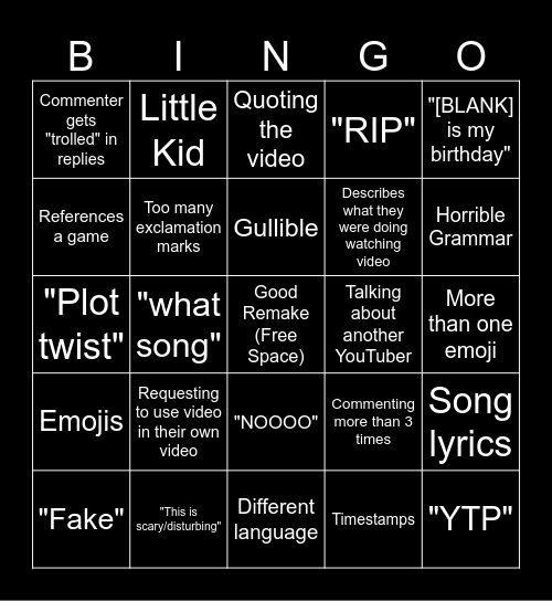 Remake Comment Bingo Card