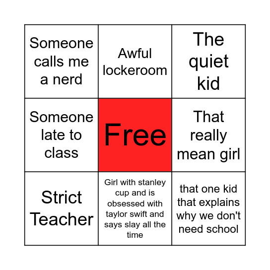 Middle School Bingo Card