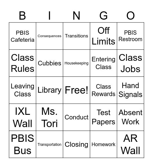 Class Procedures Bingo Card