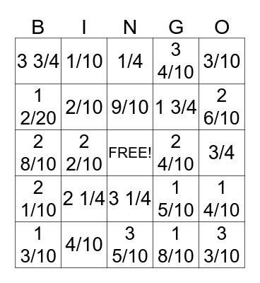 Fraction/Decimal Bingo Card