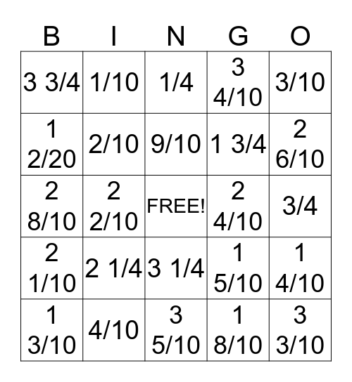 Fraction/Decimal Bingo Card