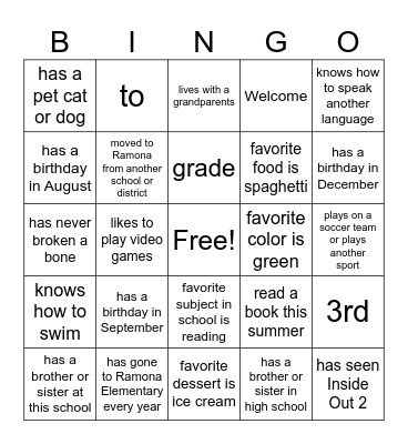 Beginning of Year BINGO Card