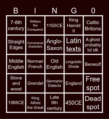 OLD ENGLISH 450-1150CE Bingo Card