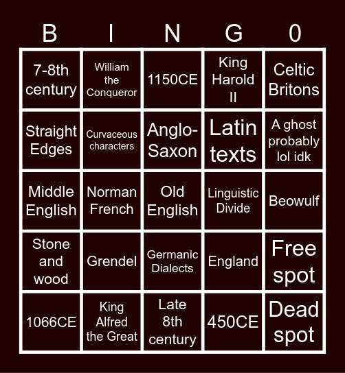 OLD ENGLISH 450-1150CE Bingo Card