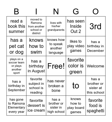 Beginning of Year BINGO Card
