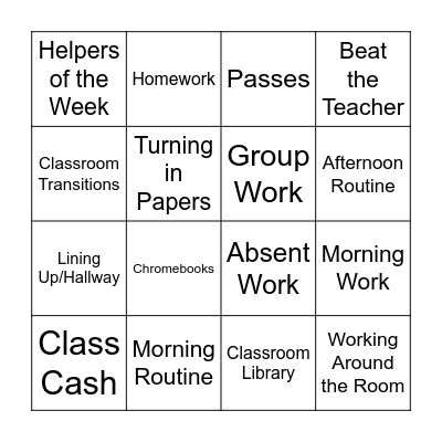 Classroom Routines and Procedures Bingo Card