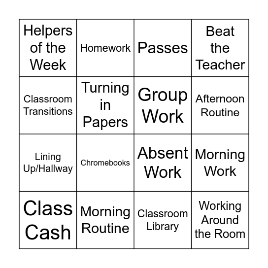 Classroom Routines and Procedures Bingo Card