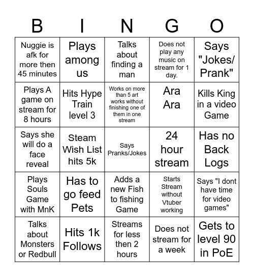 Nuggies Twitch Bingo Card Bingo Card